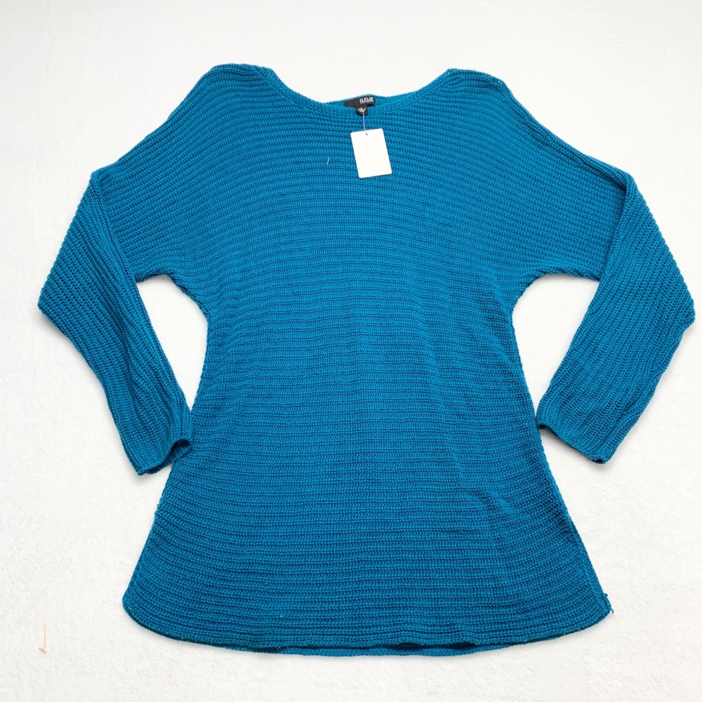 a.n.a Boat Neck Tunic Sweater Womens Size L Teal Blue Ribbed Knit Cotton Blend